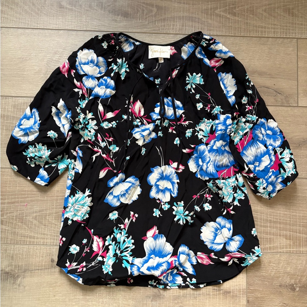 YUMI Kim 100% Silk Floral Black Blouse Size Small